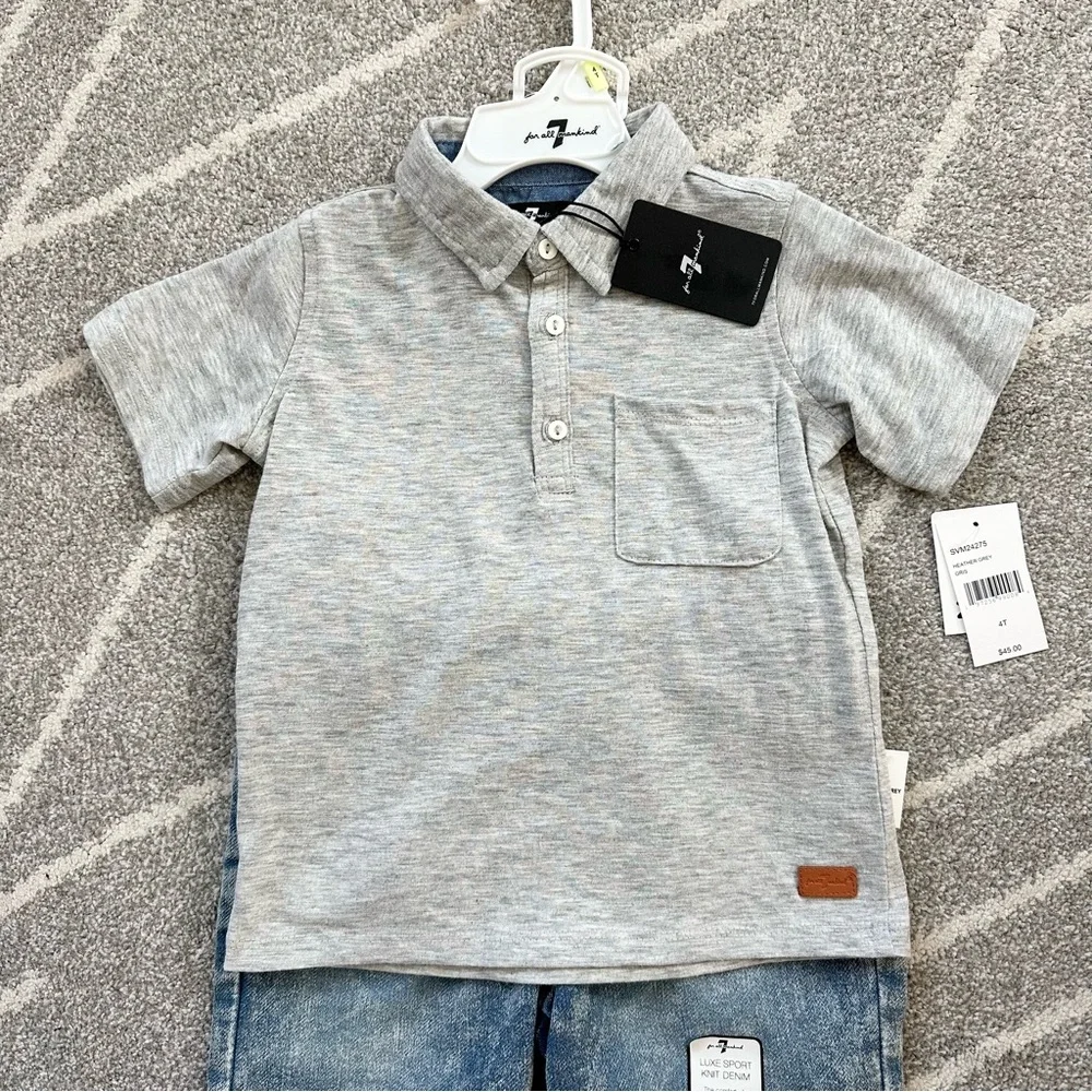 7 For All Mankind Two Piece Boys Gray Polo Shirt and Pull on Denim Shorts 4T
